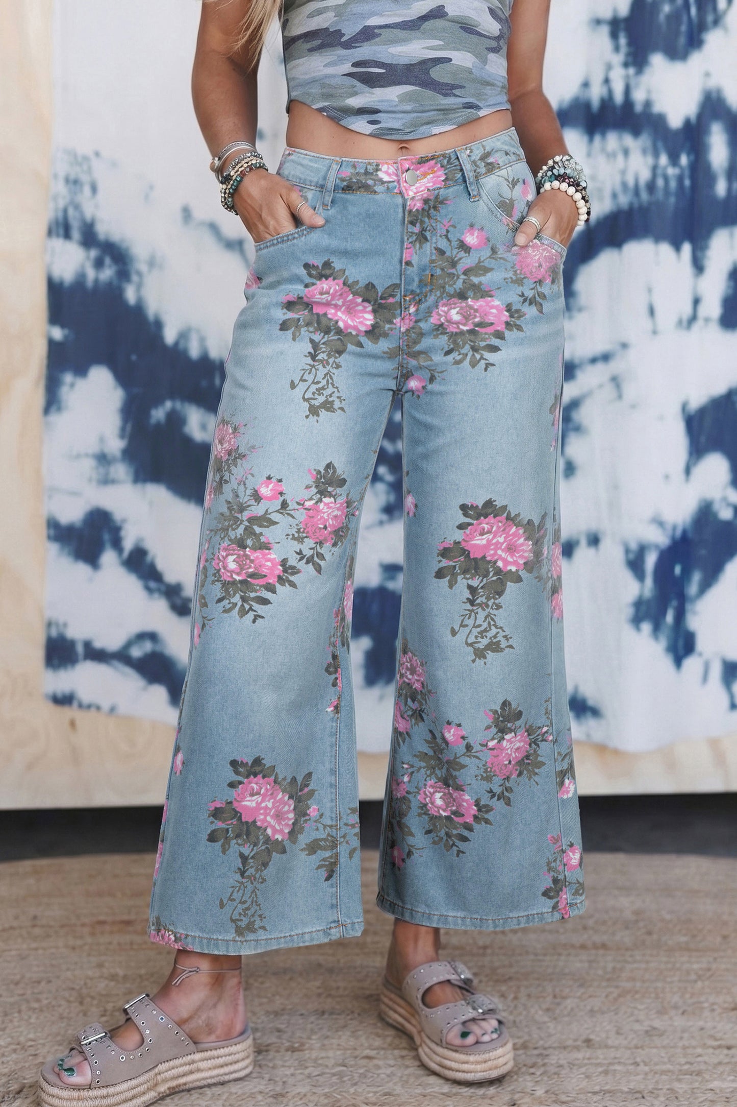 Sky Blue Garden bloemenprint bootcut jeans met hoge taille