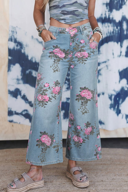 Sky Blue Garden bloemenprint bootcut jeans met hoge taille