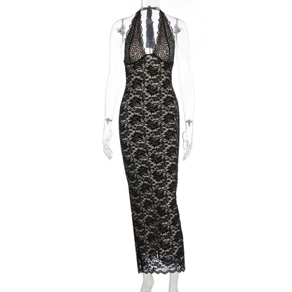 Women's Lace Halter Neck Bodycon Long Dress Sleeveless Backless V-Neck