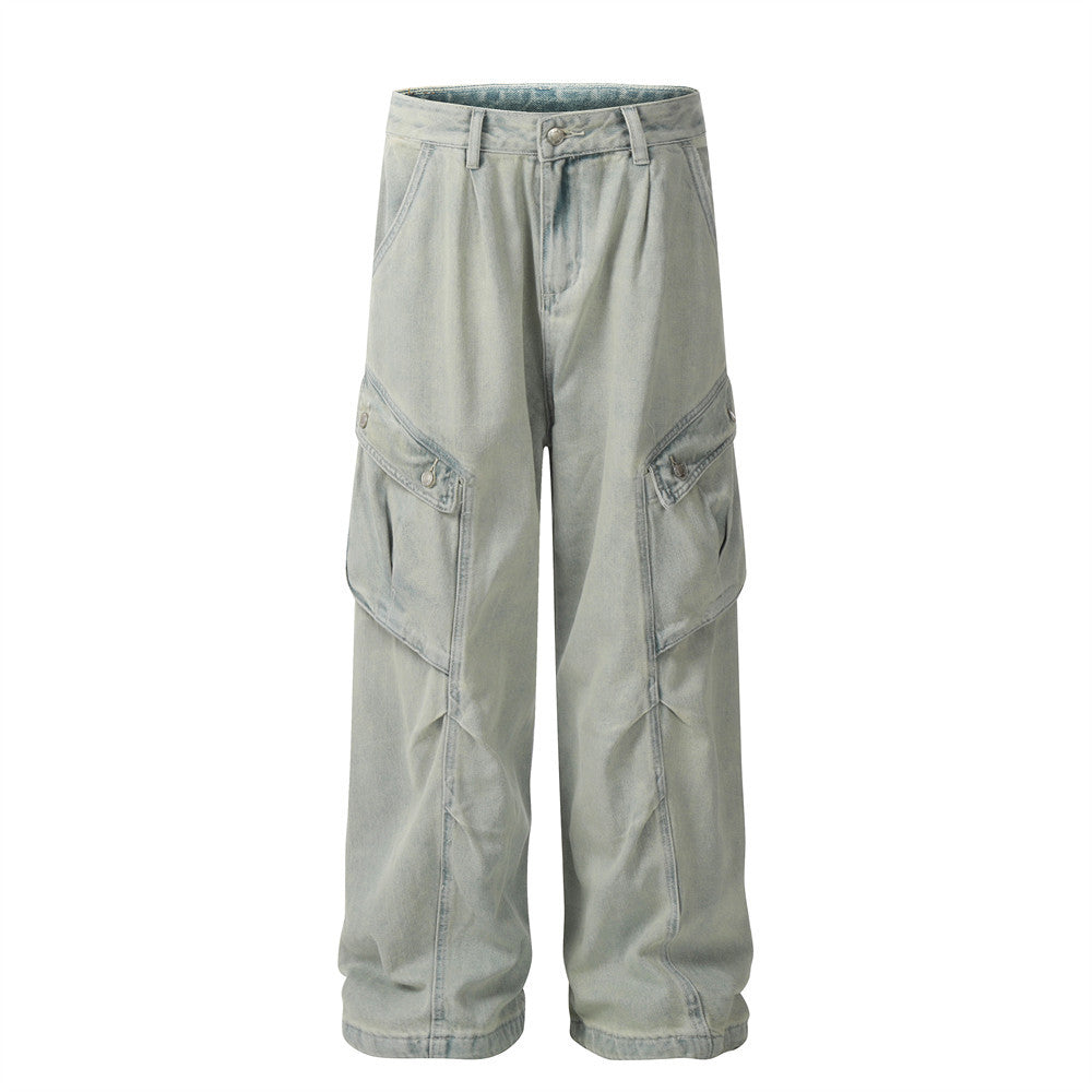 Old washed denim cargo jeans
