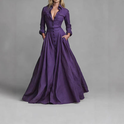 Elegant High-Waisted Maxi Dress with Long Sleeves and Turn-Down Collar Flared Silhouette Casual Women's Dress
