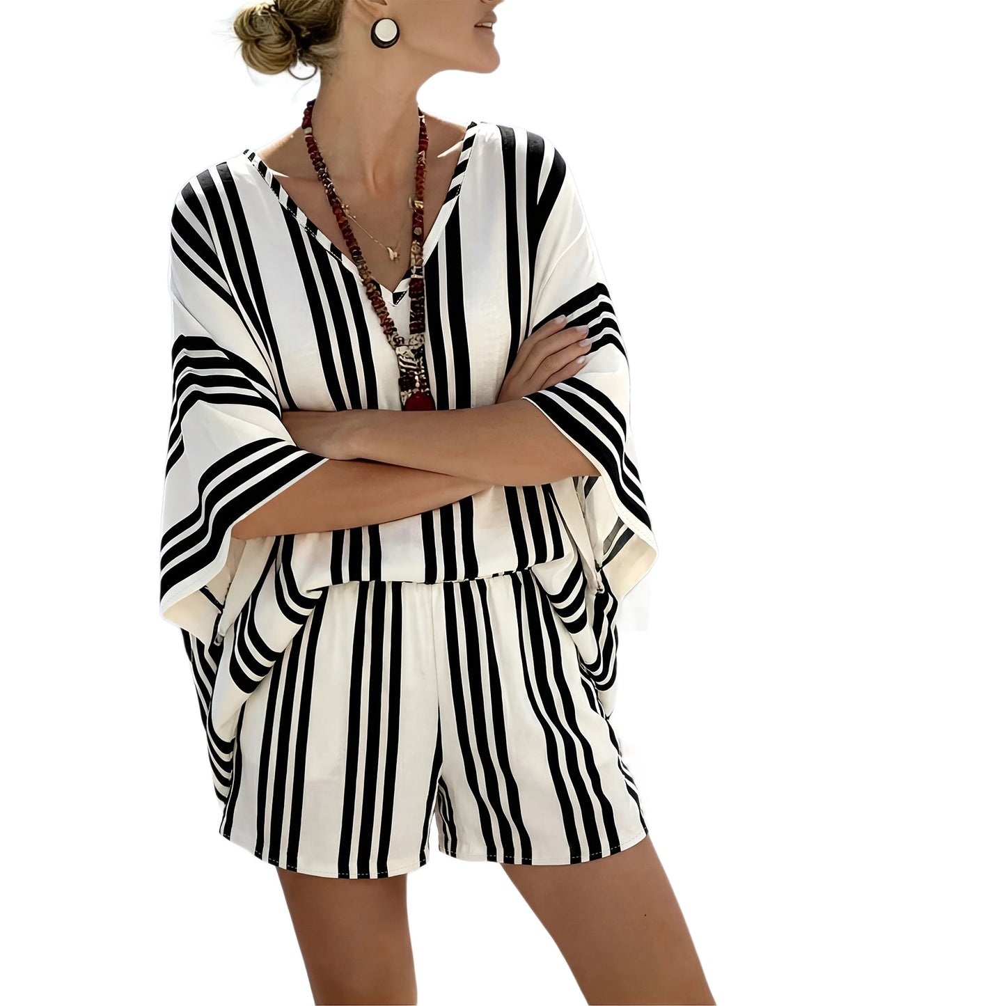 Printed V-Neck Loose Casual Two-Piece Women Fashion Vacation Shorts Set