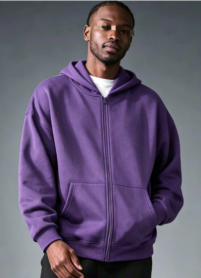 Men Women Solid Color Zipper Hooded Sweatshirt