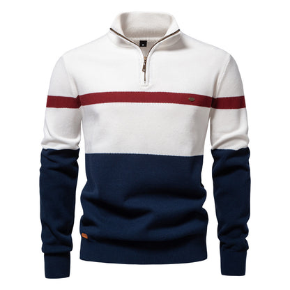 Men's Slim Fit Stand Collar Half-Zip Color-Block Knit Sweater
