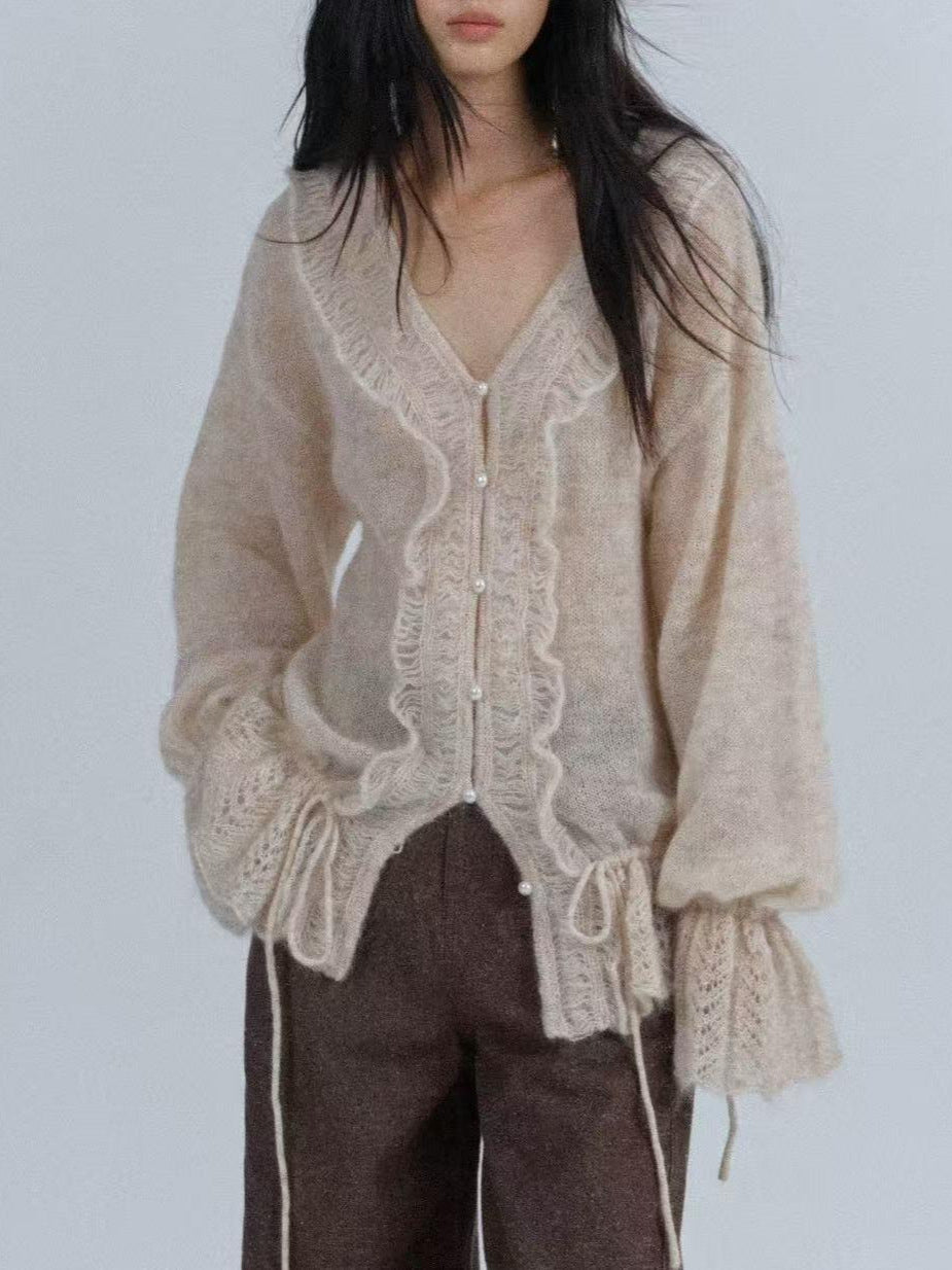 Oversized Mohair Wool Blend Cardigan Sweater with Pearl Buttons