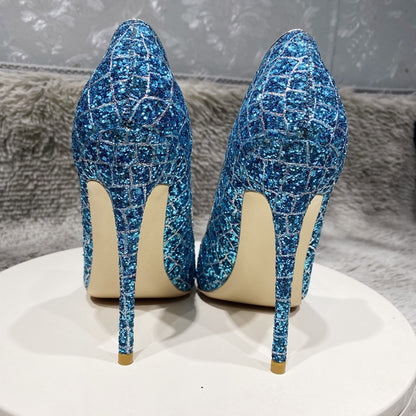 Damespumps met glitter pailletten krokodillenprint spitse neus en 8/10/12 cm hoge hakken