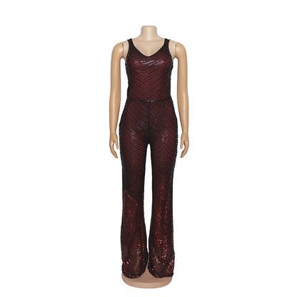 Sexy hoge stretch jumpsuit met diepe V-hals en pailletten