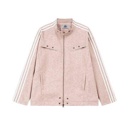 Losse Amerikaanse street winddichte Unisex PU-leren jas met rits/sterren versieringen