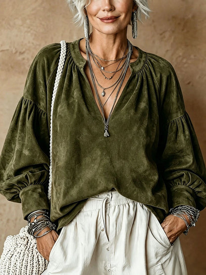Women's Retro Ruched V-Neck Suede Loose Top
