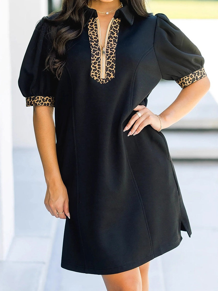 Summer Pullover Notched Collar Dress Women Casual Leopard Trim Short Dress