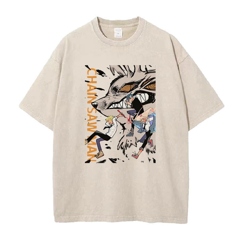Summer New Anime Chainsaw Man Printed T-Shirt Summer Cotton Washed Vintage Short-Sleeved Top