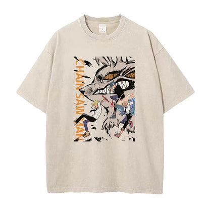 Summer New Anime Chainsaw Man Printed T-Shirt Summer Cotton Washed Vintage Short-Sleeved Top