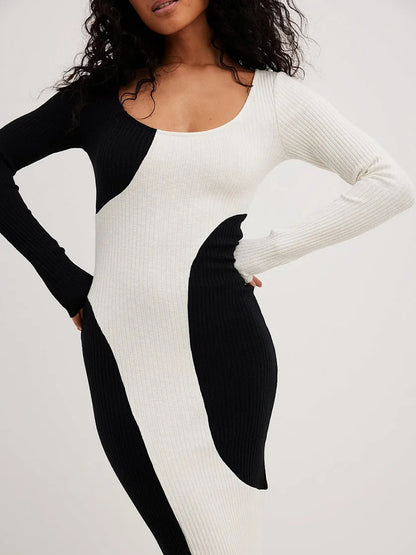 Knitted Dress Women Striped Knit Maxi Dress Fashion Elegant Slim Dress Sexy Hollow Out Wave Long Dress Lady Bodycon Party Dress