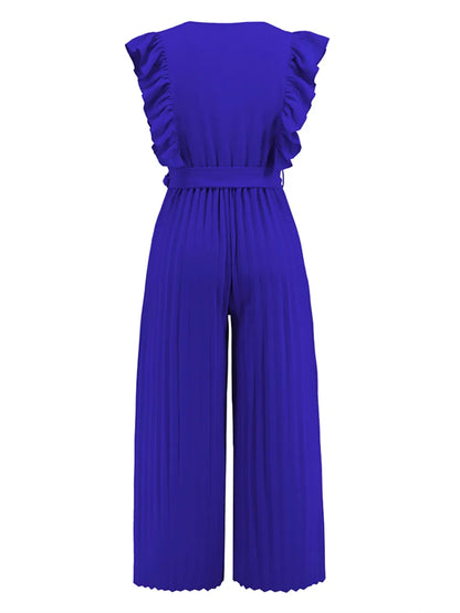 Geplooide jumpsuit met ceintuur en korte ruches mouwen