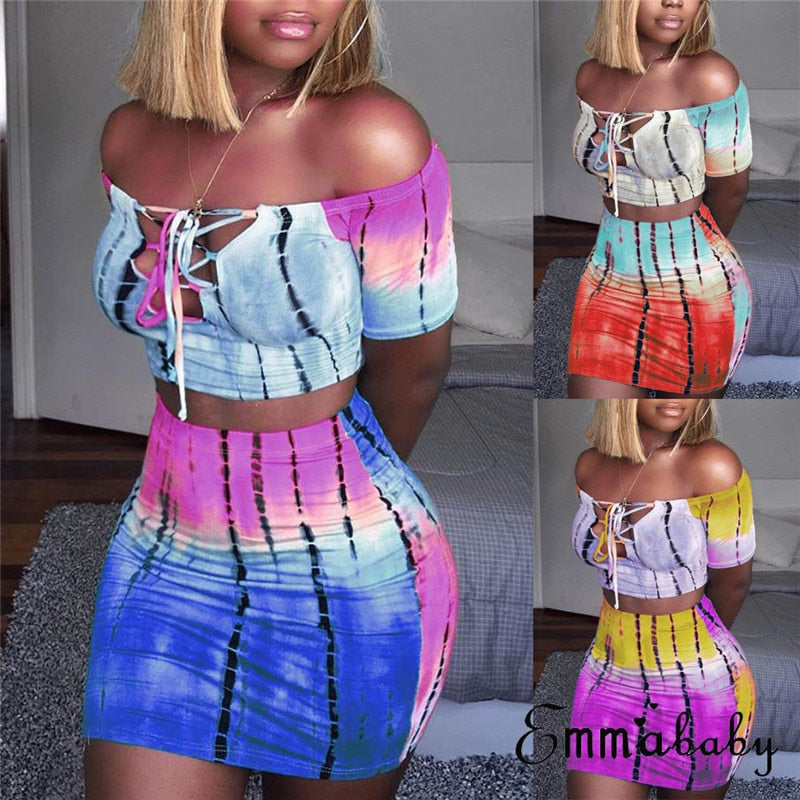 Sexy Women 2 Piece Outfits Set Off Shoulder Crop Top and Bodycon Mini Skirt Female Suit Summer Slim Party Club Clothing
