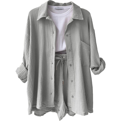Wrinkled collar long sleeved shirt high waisted drawstring shorts two-piece set