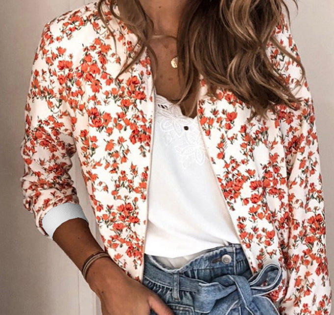 New Round Neck Print Fashion Zipper Jacket Coat Women