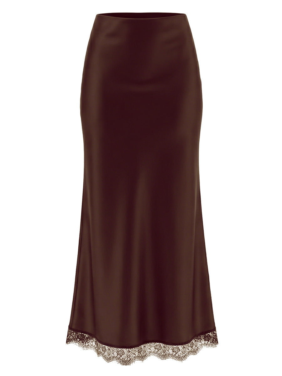 Women's High-Waisted Lace Satin A-Line Maxi Midi Skirt