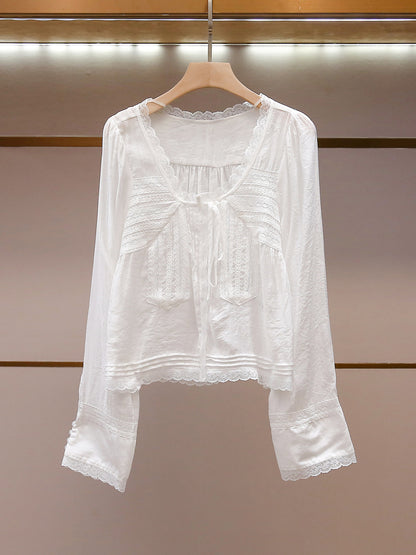 Women's Autumn French Elegant Lace Trim Tie Neck Long Sleeve Shirt