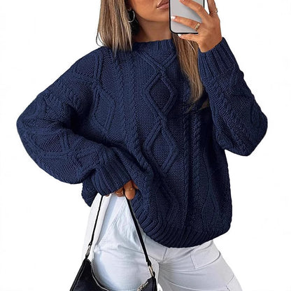 Women Solid Cable Knit Round Neck Pullover Sweater