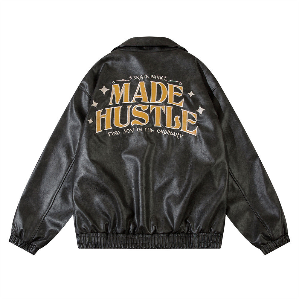 European And American Losse PU-leren unisex jas met geborduurde opdruk