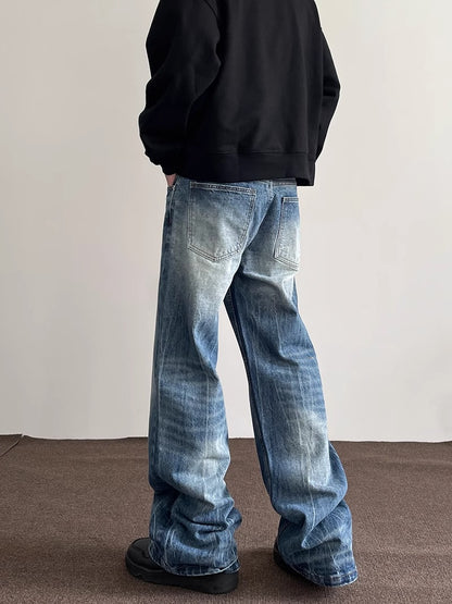Mens Washed Denim Wide Leg Trousers