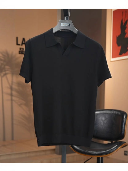 Men's Vintage Mulberry Silk Blend Draped Seagull Collar Polo Shirt
