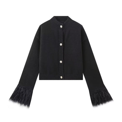 Women?s Fuzzy Cuff Button-Front Knit Cardigan