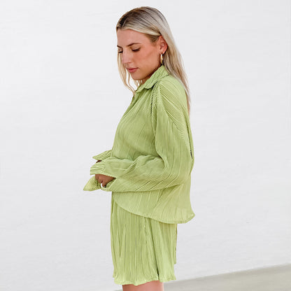 Slim Pleated Green Cardigan Sleepwear Set, Loose Casual Long Sleeve Short Pants Women's Loungewear