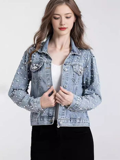 Women's Pearl Rhinestone Cropped Denim Jacket Long Sleeve Slim Fit