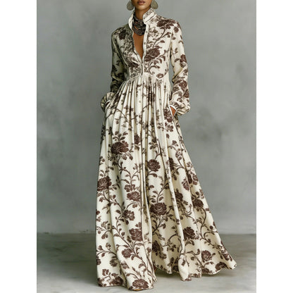 Elegant Waist-Cinching Floral Printed Long Sleeve Dress for Women