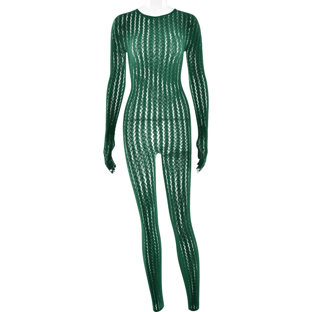 Sexy Striped Jacquard Jumpsuit with Half-Finger Gloves One-piece suit