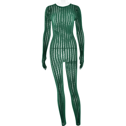Sexy Striped Jacquard Jumpsuit with Half-Finger Gloves One-piece suit