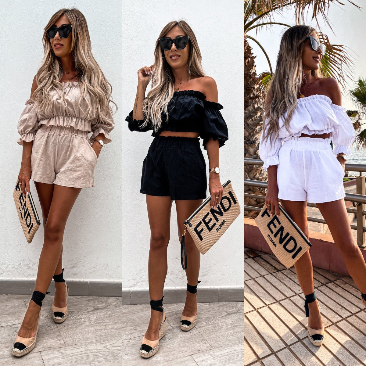 Summer New Casual Short-Sleeved Off-The-Shoulder Suit Solid Color Two-Piece Suit