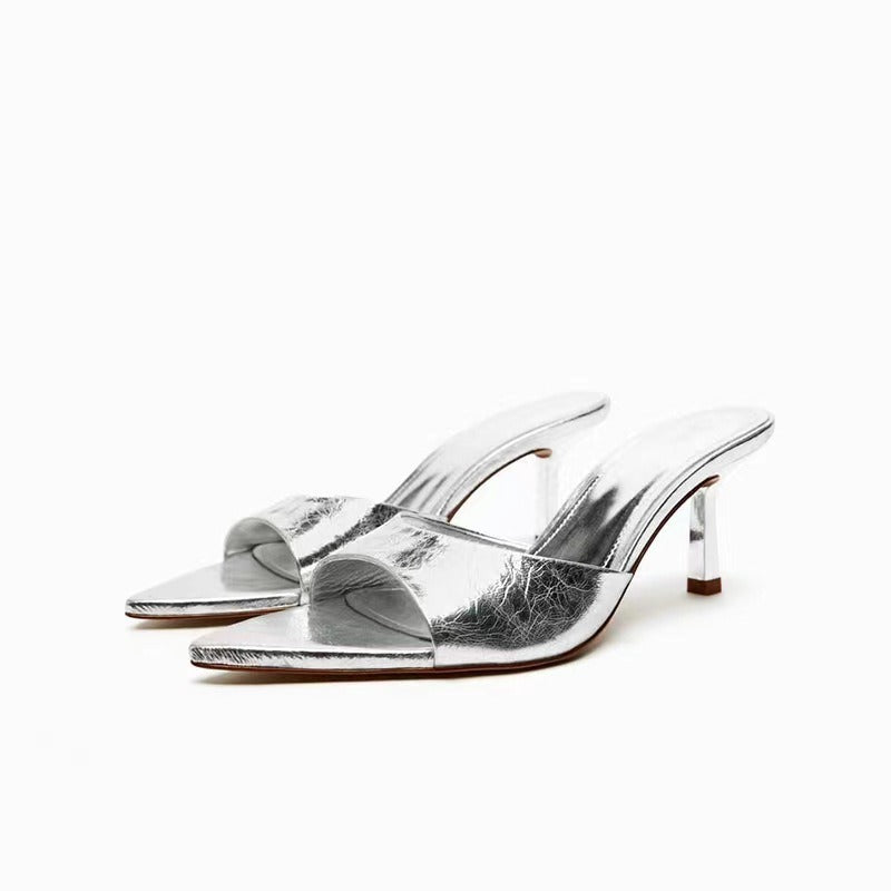 Summer New Women's Shoes Sandals Silver Pointed Open Toe Slippery Slippery Slippery Slim Back High Heel