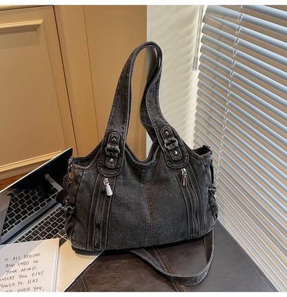 Retro denim large capacity zipper tote bag