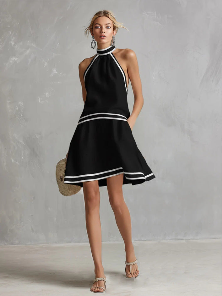 Halter Neck Striped Trim Dress