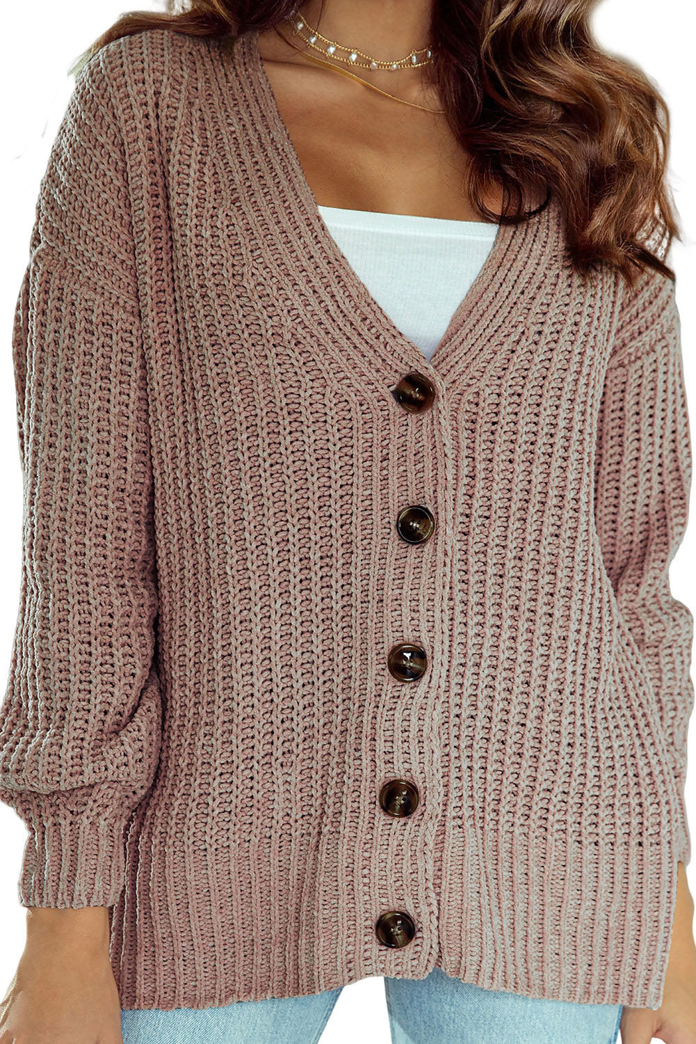 Gray Buttoned Front Drop Shoulder Knitted Cardigan