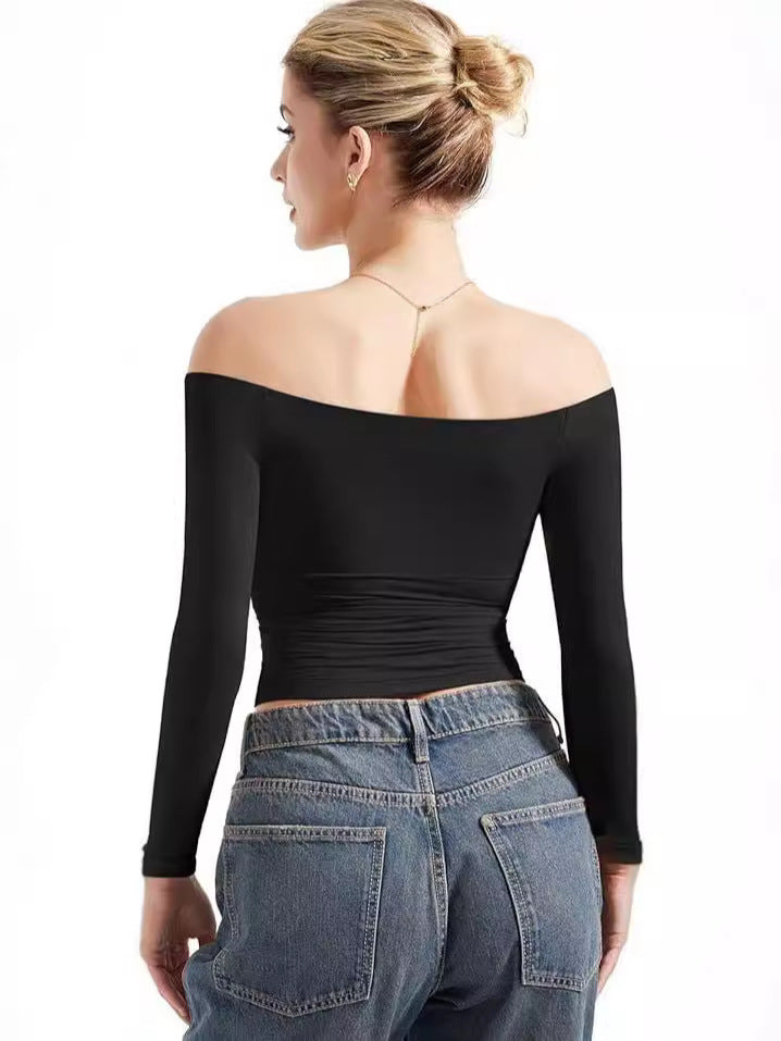 Women's Off-Shoulder Long Sleeve Crop Top Slim Fit Pullover