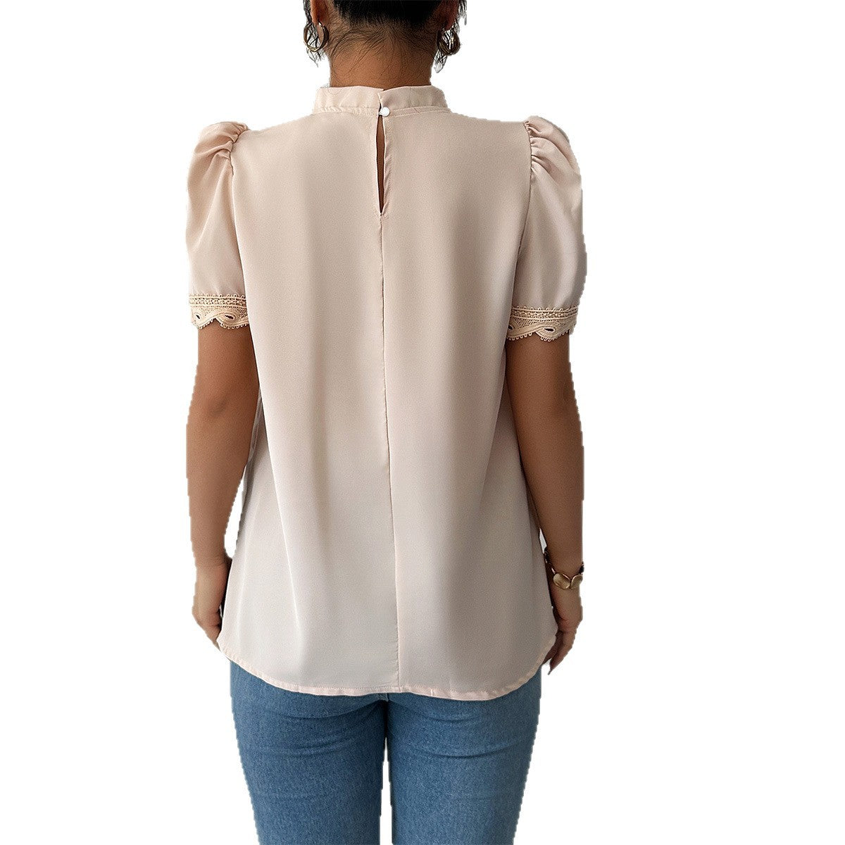 Modieuze blouse met ronde hals en geborduurde mouwen
