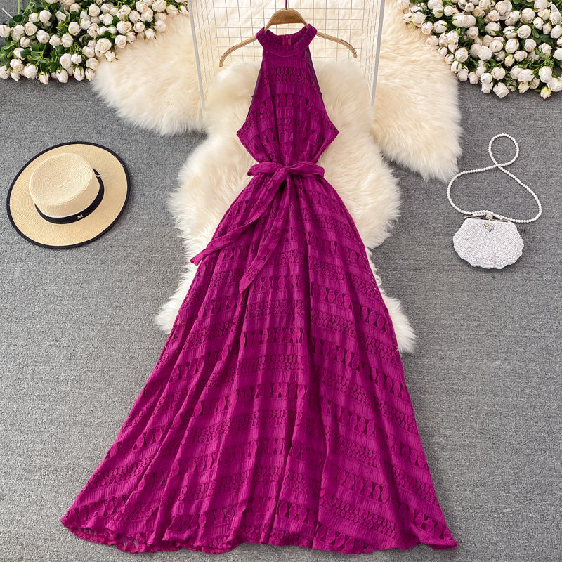 Beach Dress Summer Halter Neck Off Shoulder Hollow Lace Dress Seaside Holiday Elegant Big Swing Long Skirt Summer