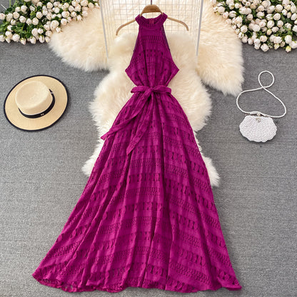 Beach Dress Summer Halter Neck Off Shoulder Hollow Lace Dress Seaside Holiday Elegant Big Swing Long Skirt Summer