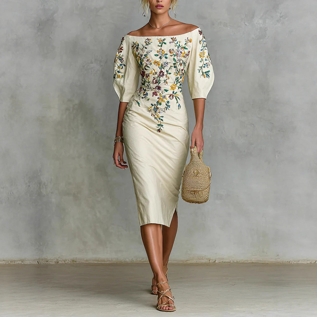 Elegant One-Shoulder Lantern Sleeve Dress