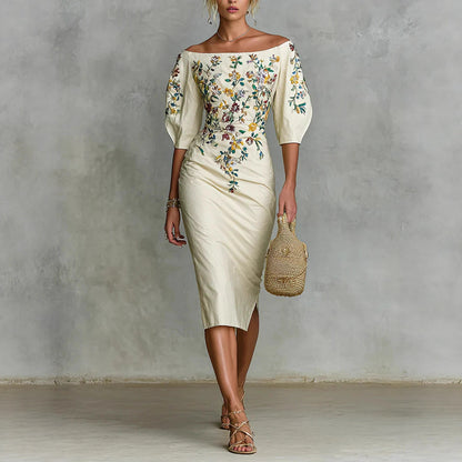 Elegant One-Shoulder Lantern Sleeve Dress