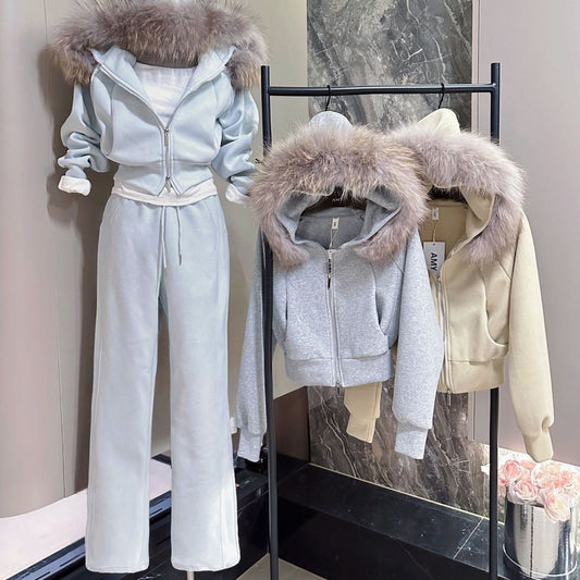 Fleece-Lined Thick Hooded Sweatshirt Jacket Pants Two-Piece Set