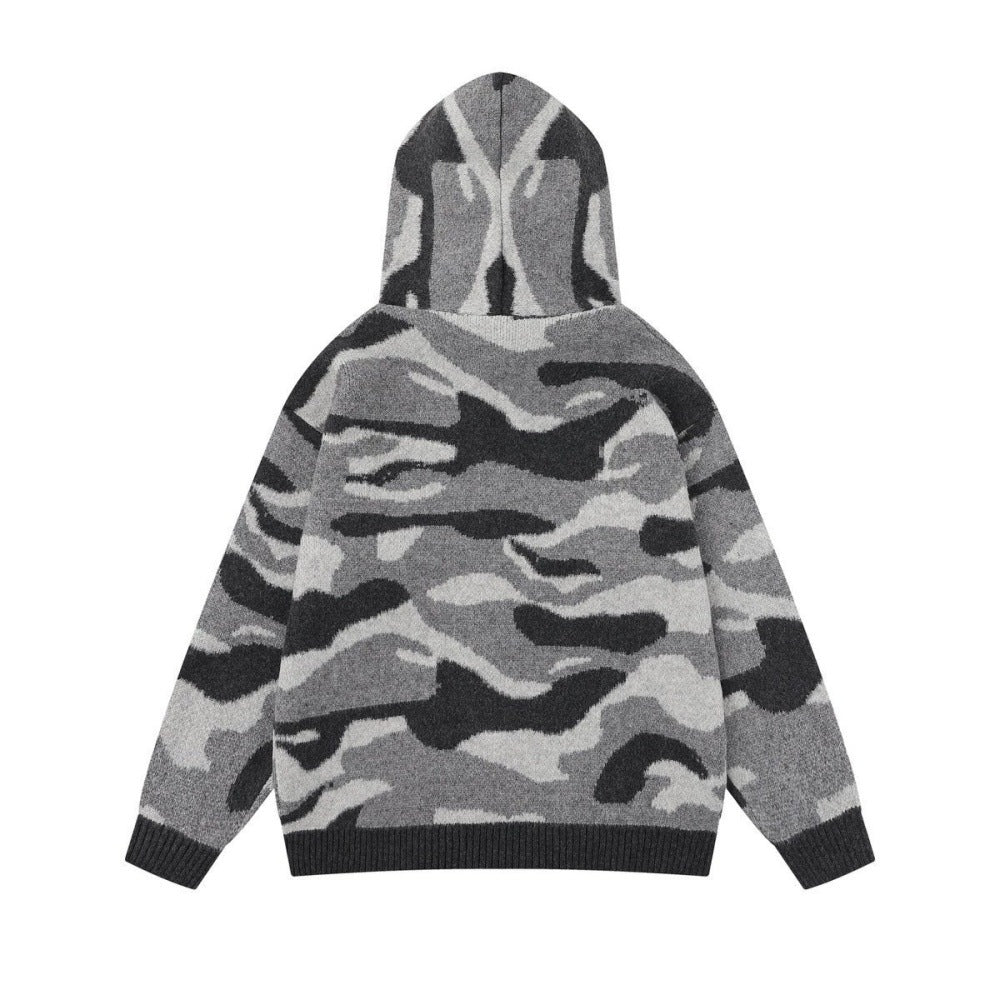 Camouflageprint gebreide vest met capuchon en kraag van imitatiebont