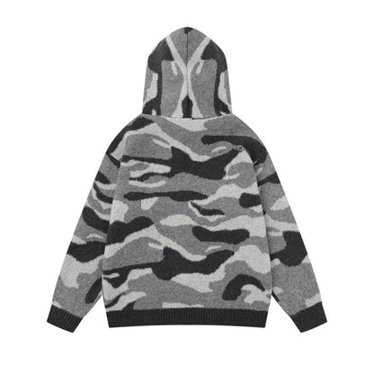 Camouflageprint gebreide vest met capuchon en kraag van imitatiebont