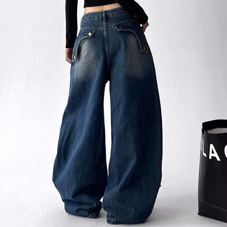 Retro Washed Embroidered Wide-Leg Jeans