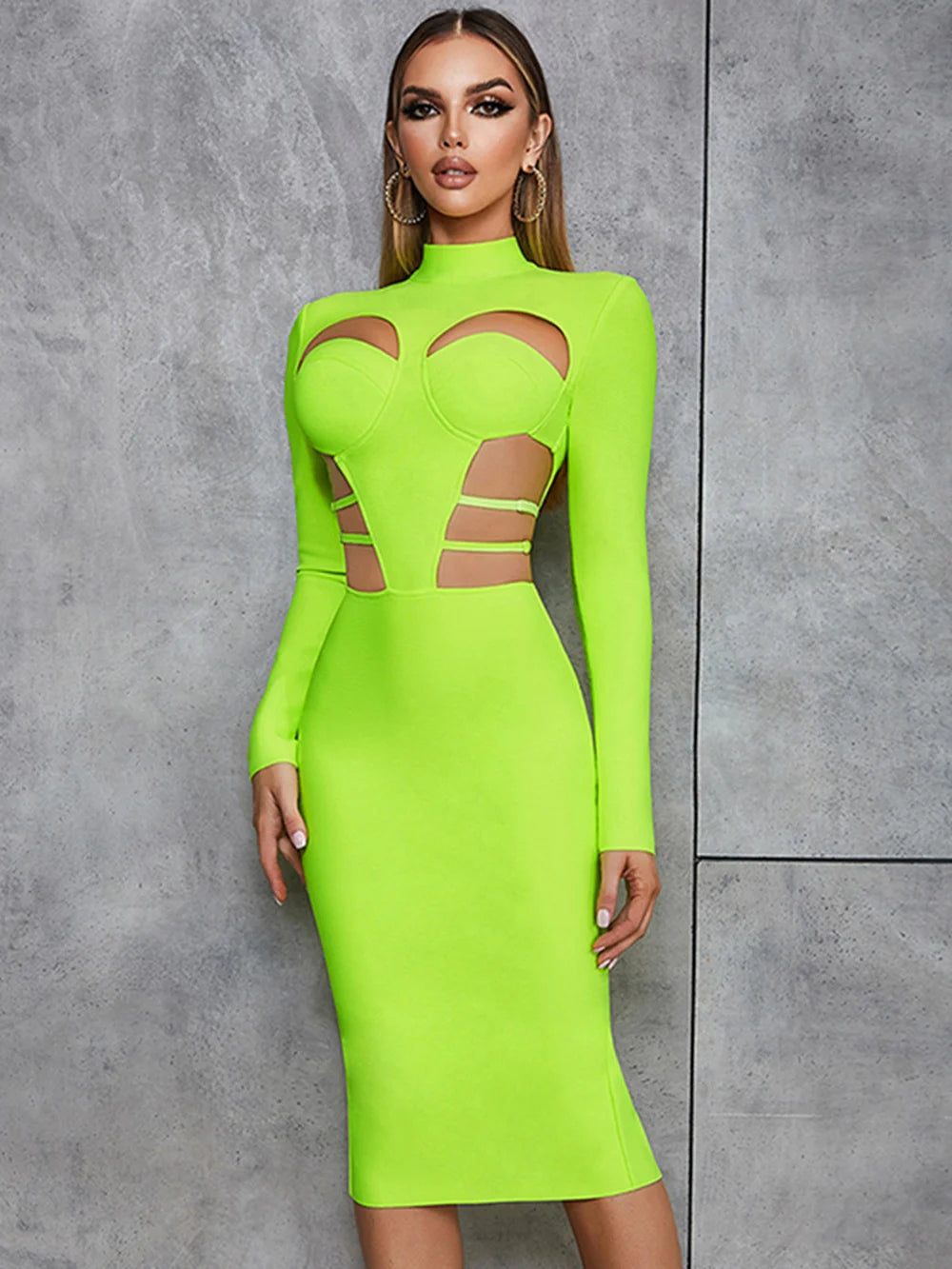 New Fluorescent Green Sexy Hollow Out Bodycon Design  Bandage Dress Women'S Long Sleeve Fashion Club Party Vesidos