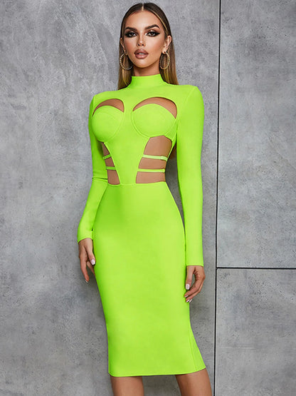 New Fluorescent Green Sexy Hollow Out Bodycon Design  Bandage Dress Women'S Long Sleeve Fashion Club Party Vesidos